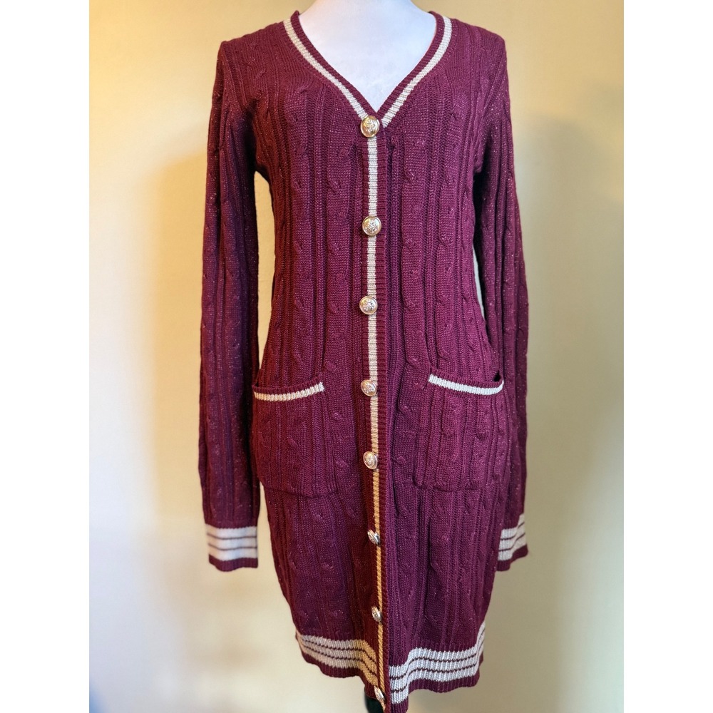 Flying Tomato Burgundy Cable Knit Metallic Long Sleeve L Cardigan Dress academia
